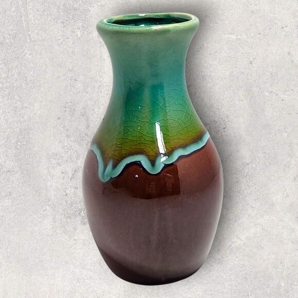 Vintage Teal & Brown Drip Glaze Pottery Bud Vase 6" MCM Retro Artisan Decor - Picture 2 of 12